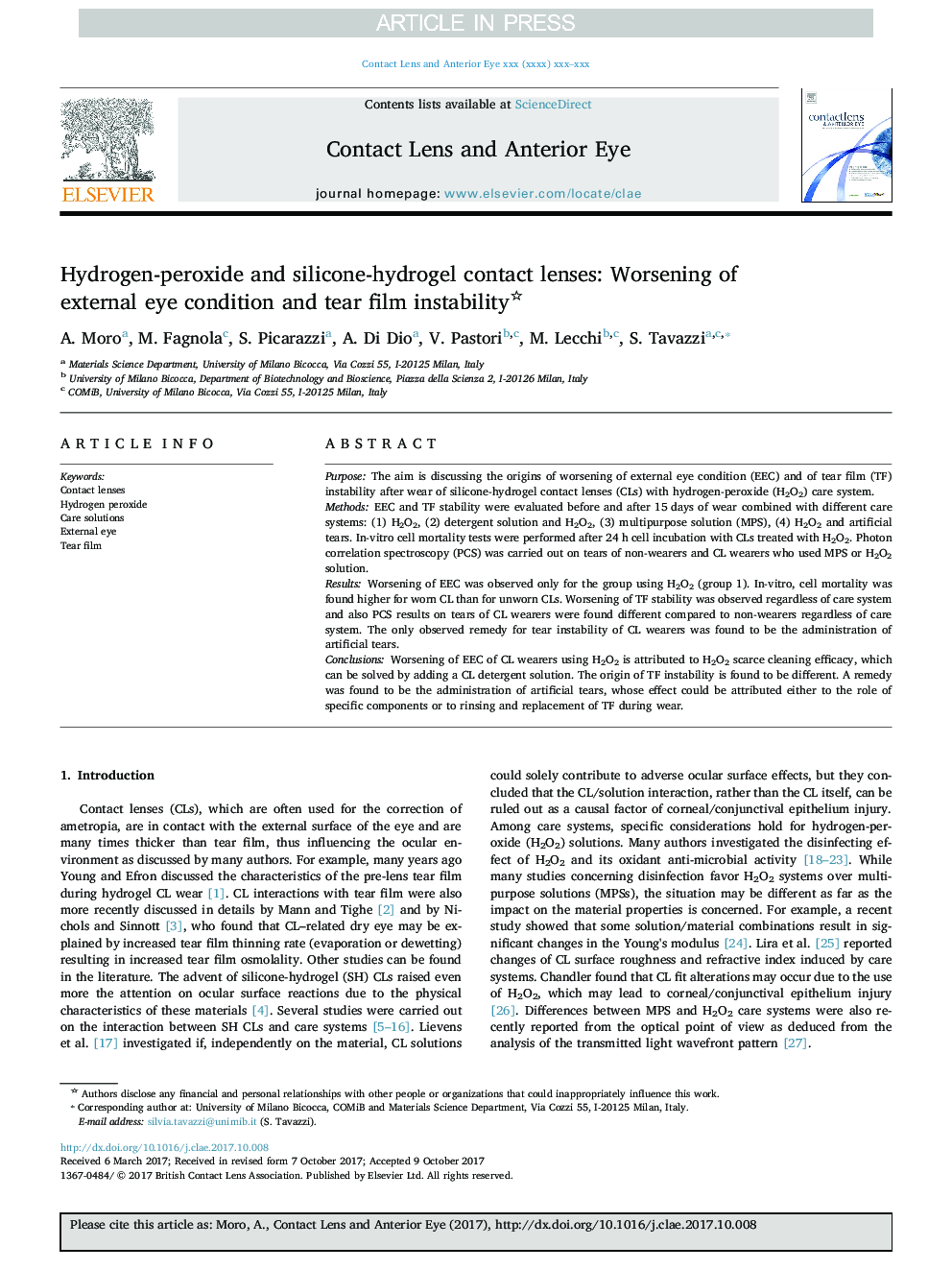 Hydrogen-peroxide and silicone-hydrogel contact lenses: Worsening of external eye condition and tear film instability