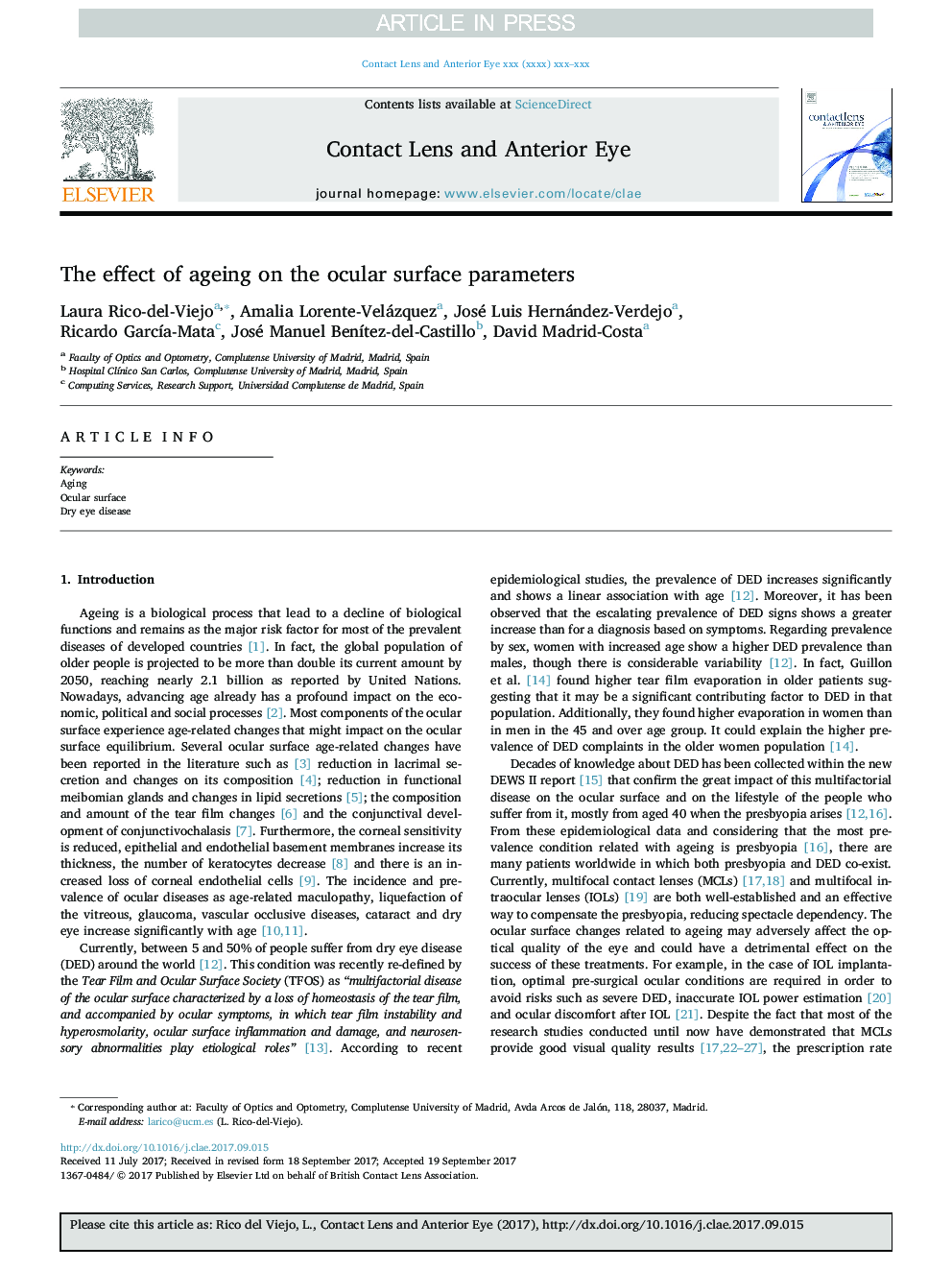 The effect of ageing on the ocular surface parameters