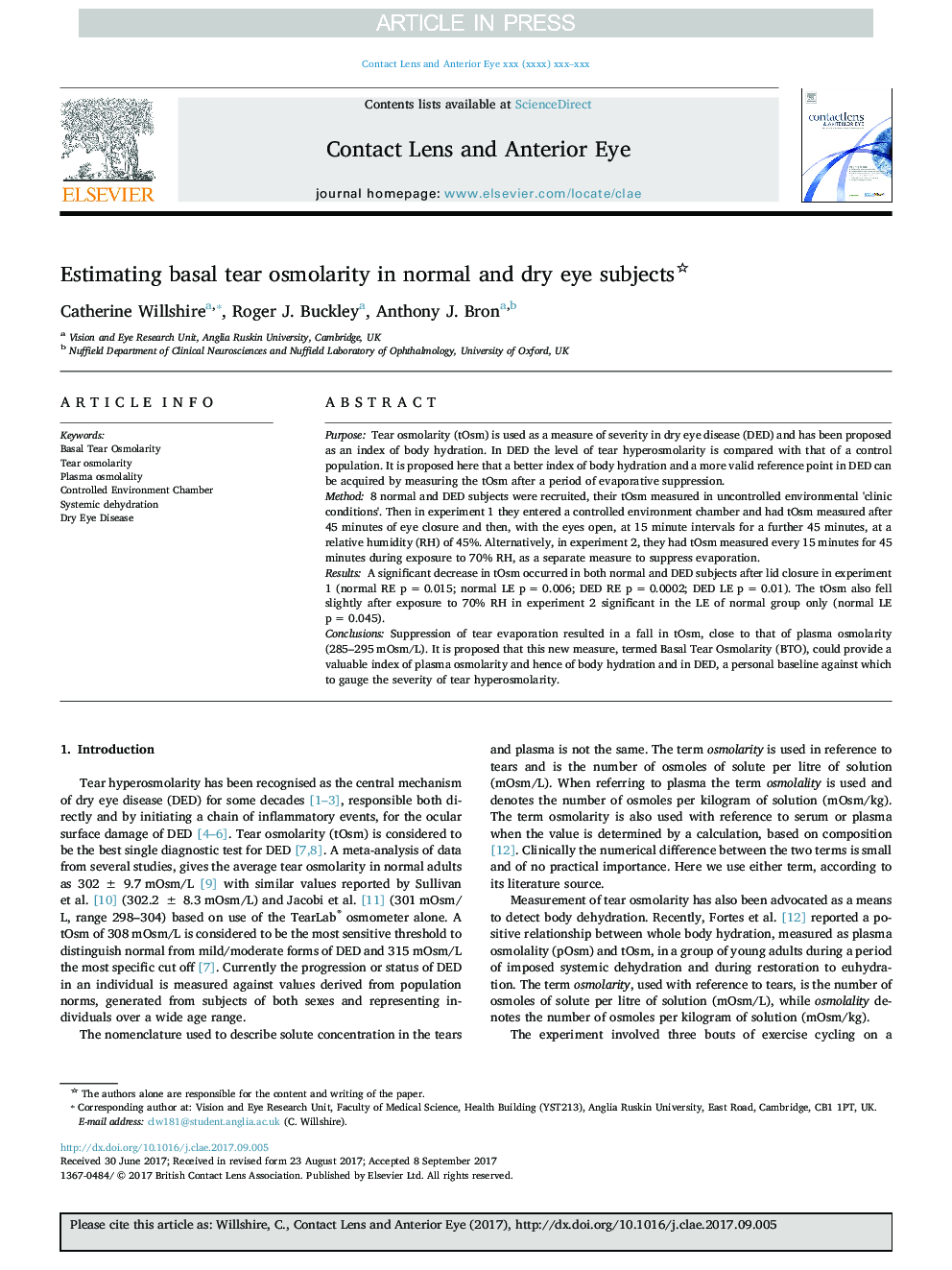 Estimating basal tear osmolarity in normal and dry eye subjects