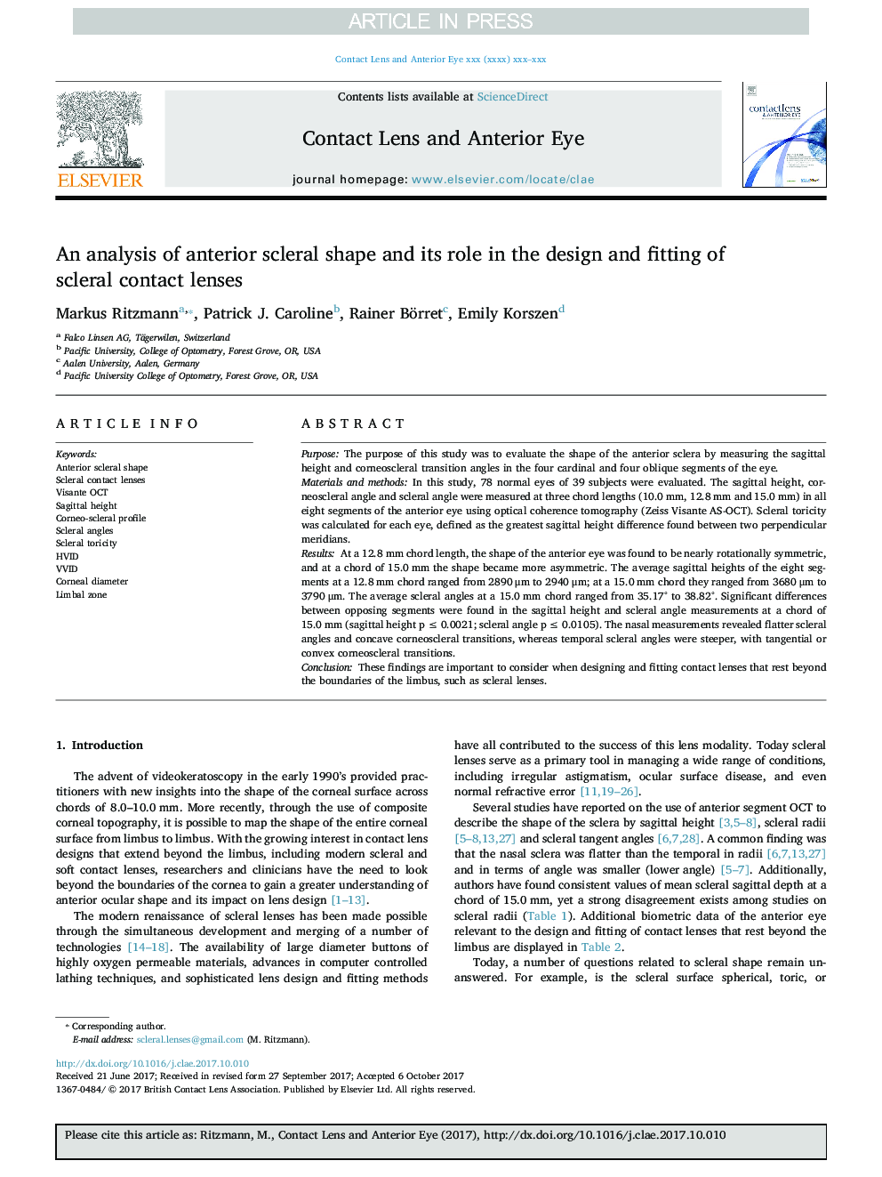 An analysis of anterior scleral shape and its role in the design and fitting of scleral contact lenses