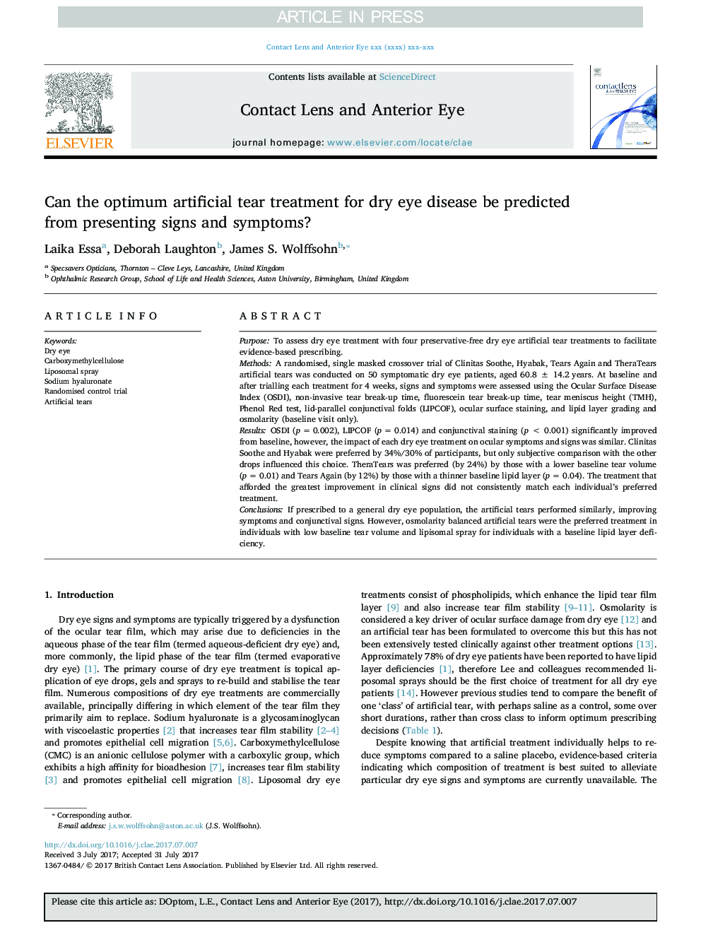 Can the optimum artificial tear treatment for dry eye disease be predicted from presenting signs and symptoms?