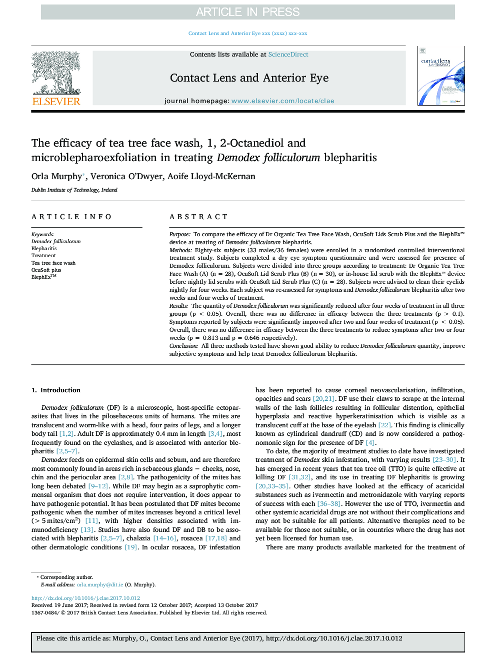 The efficacy of tea tree face wash, 1, 2-Octanediol and microblepharoexfoliation in treating Demodex folliculorum blepharitis