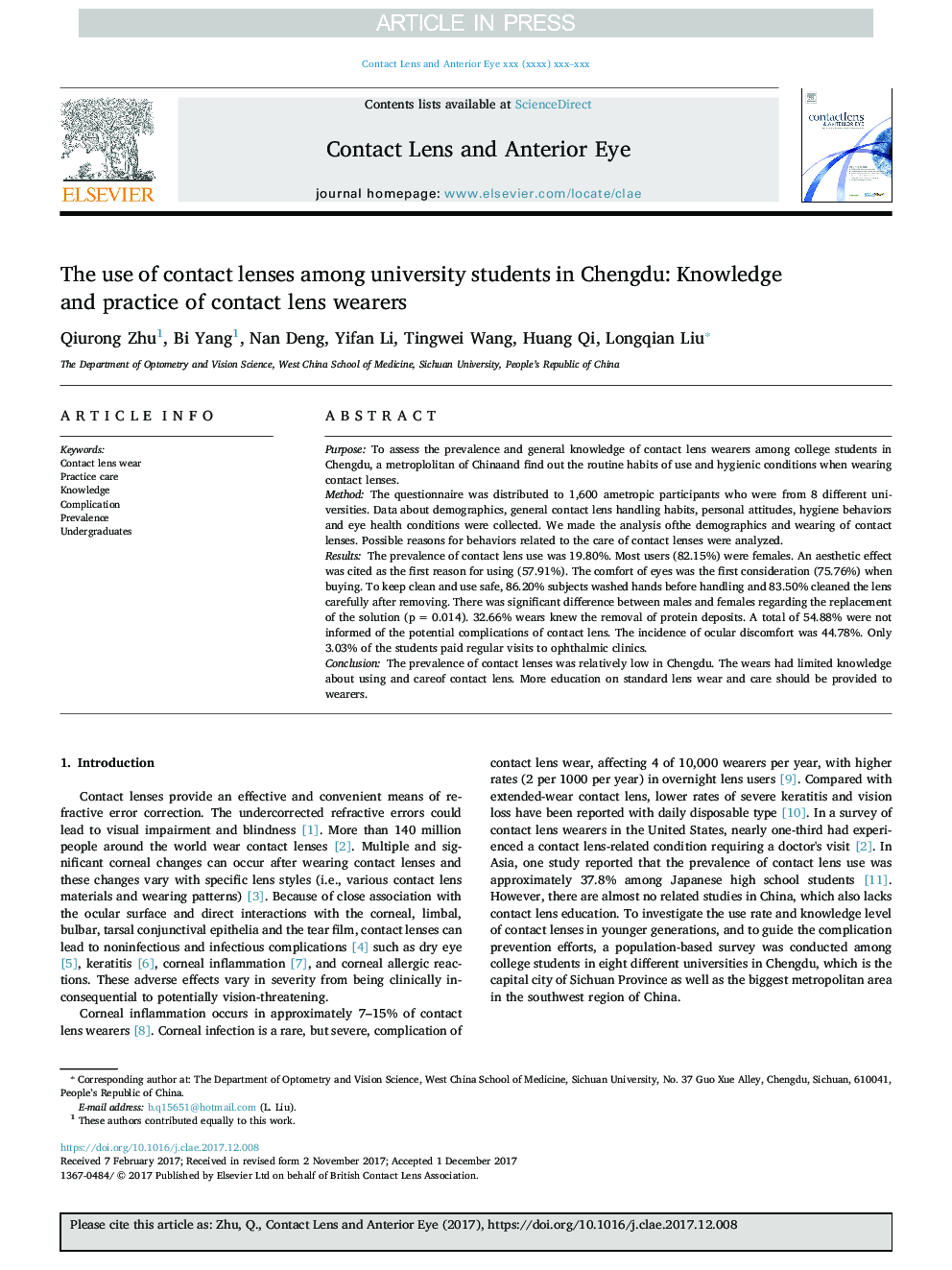 The use of contact lenses among university students in Chengdu: Knowledge and practice of contact lens wearers