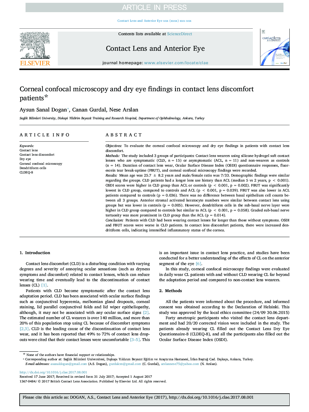 Corneal confocal microscopy and dry eye findings in contact lens discomfort patients