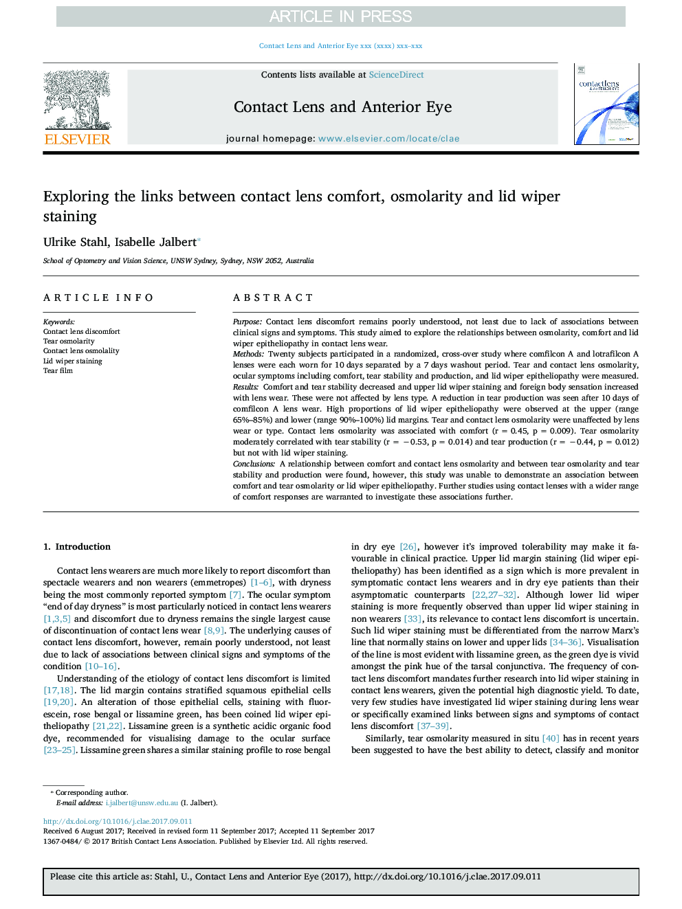 Exploring the links between contact lens comfort, osmolarity and lid wiper staining