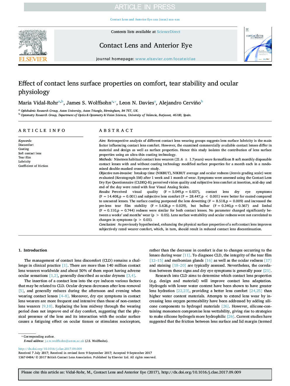 Effect of contact lens surface properties on comfort, tear stability and ocular physiology