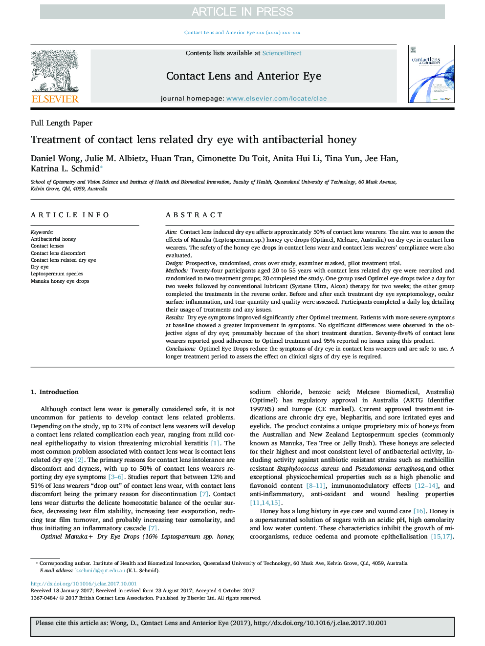 Treatment of contact lens related dry eye with antibacterial honey