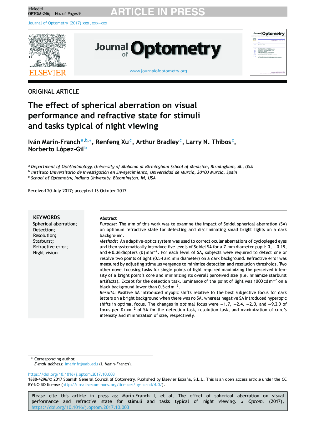 The effect of spherical aberration on visual performance and refractive state for stimuli and tasks typical of night viewing