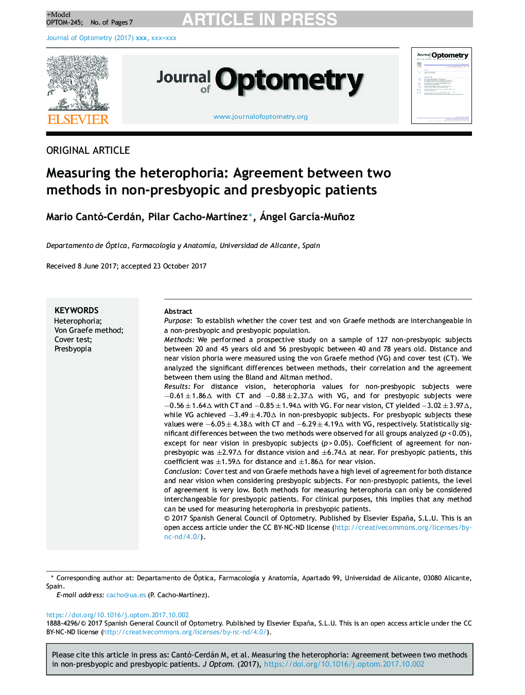 Measuring the heterophoria: Agreement between two methods in non-presbyopic and presbyopic patients