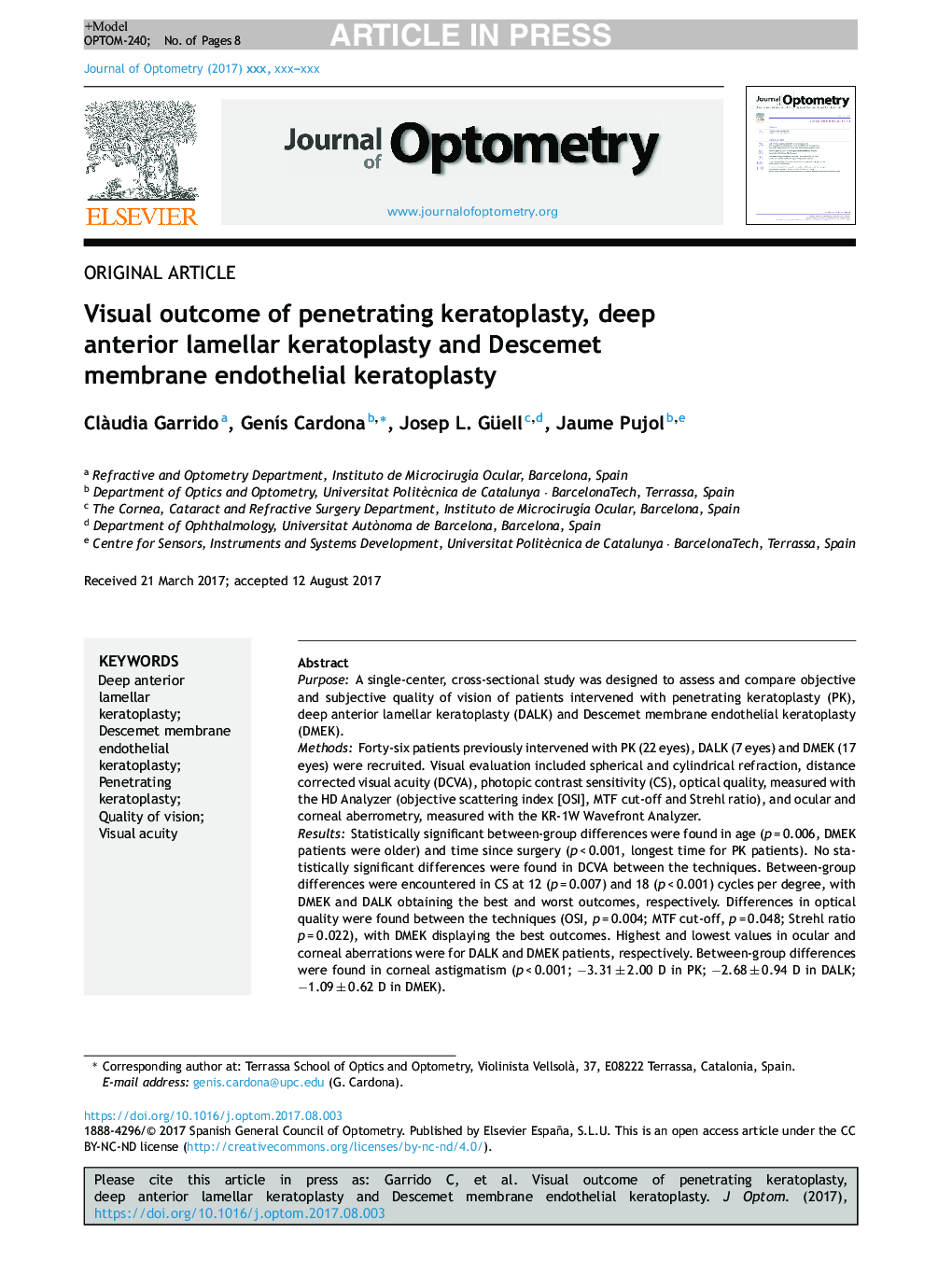 Visual outcome of penetrating keratoplasty, deep anterior lamellar keratoplasty and Descemet membrane endothelial keratoplasty