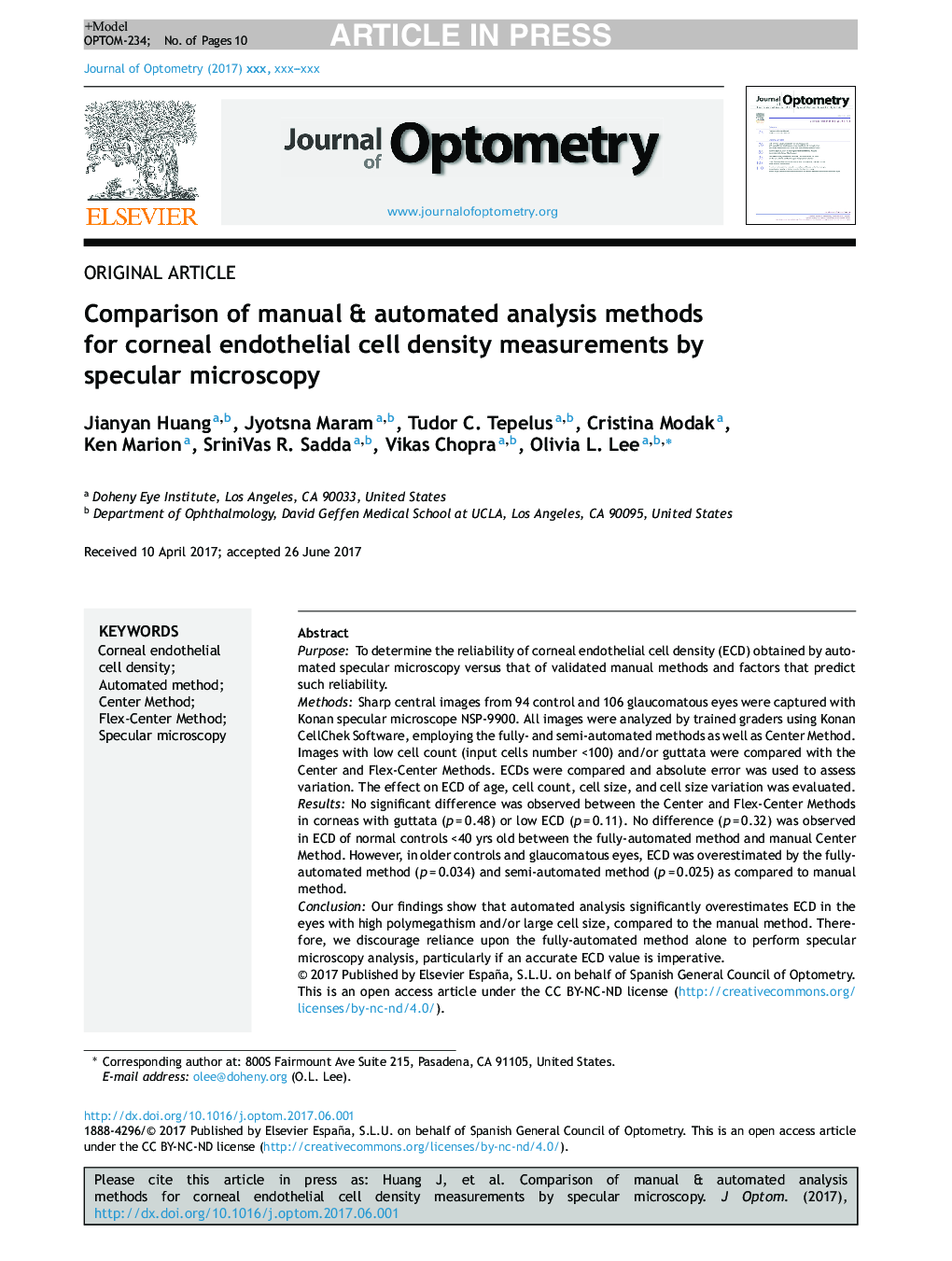 Comparison of manual & automated analysis methods for corneal endothelial cell density measurements by specular microscopy