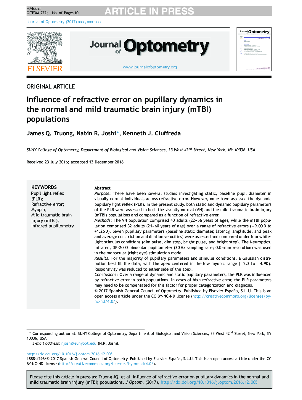 Influence of refractive error on pupillary dynamics in the normal and mild traumatic brain injury (mTBI) populations