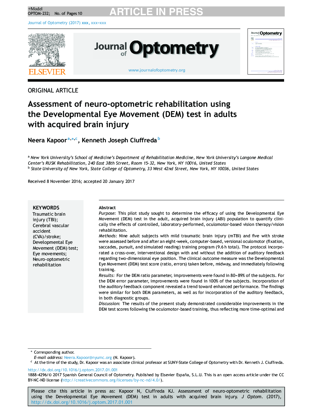 Assessment of neuro-optometric rehabilitation using the Developmental Eye Movement (DEM) test in adults with acquired brain injury