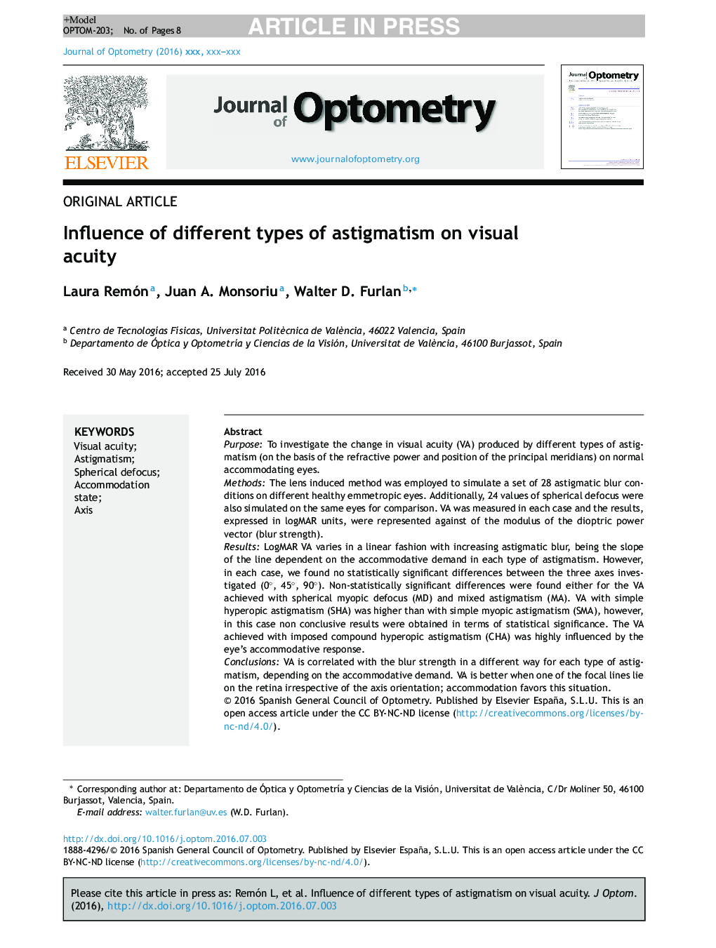 Influence of different types of astigmatism on visual acuity