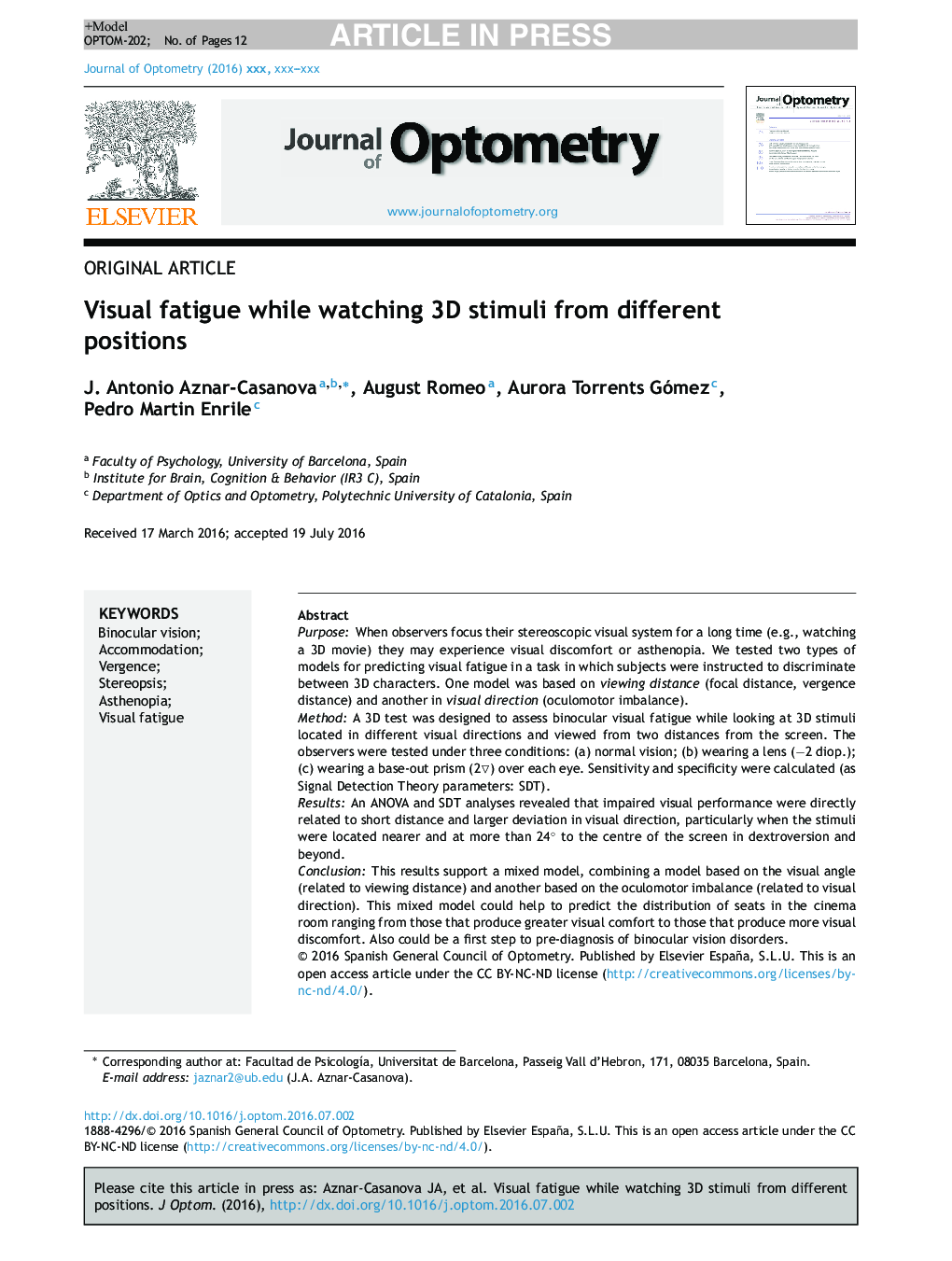 Visual fatigue while watching 3D stimuli from different positions
