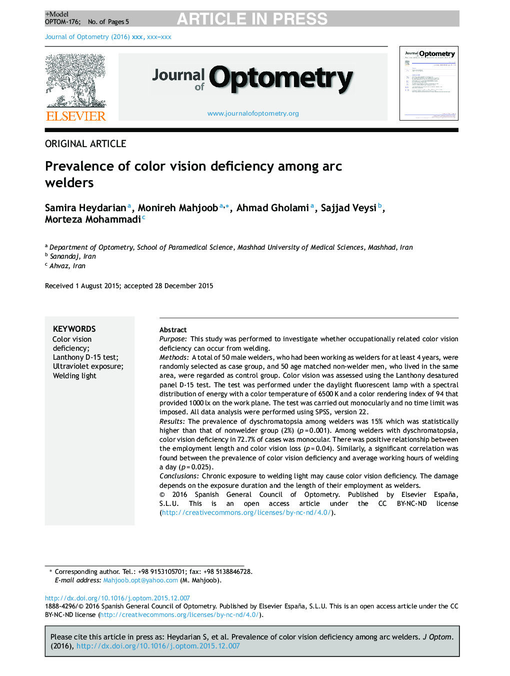 Prevalence of color vision deficiency among arc welders