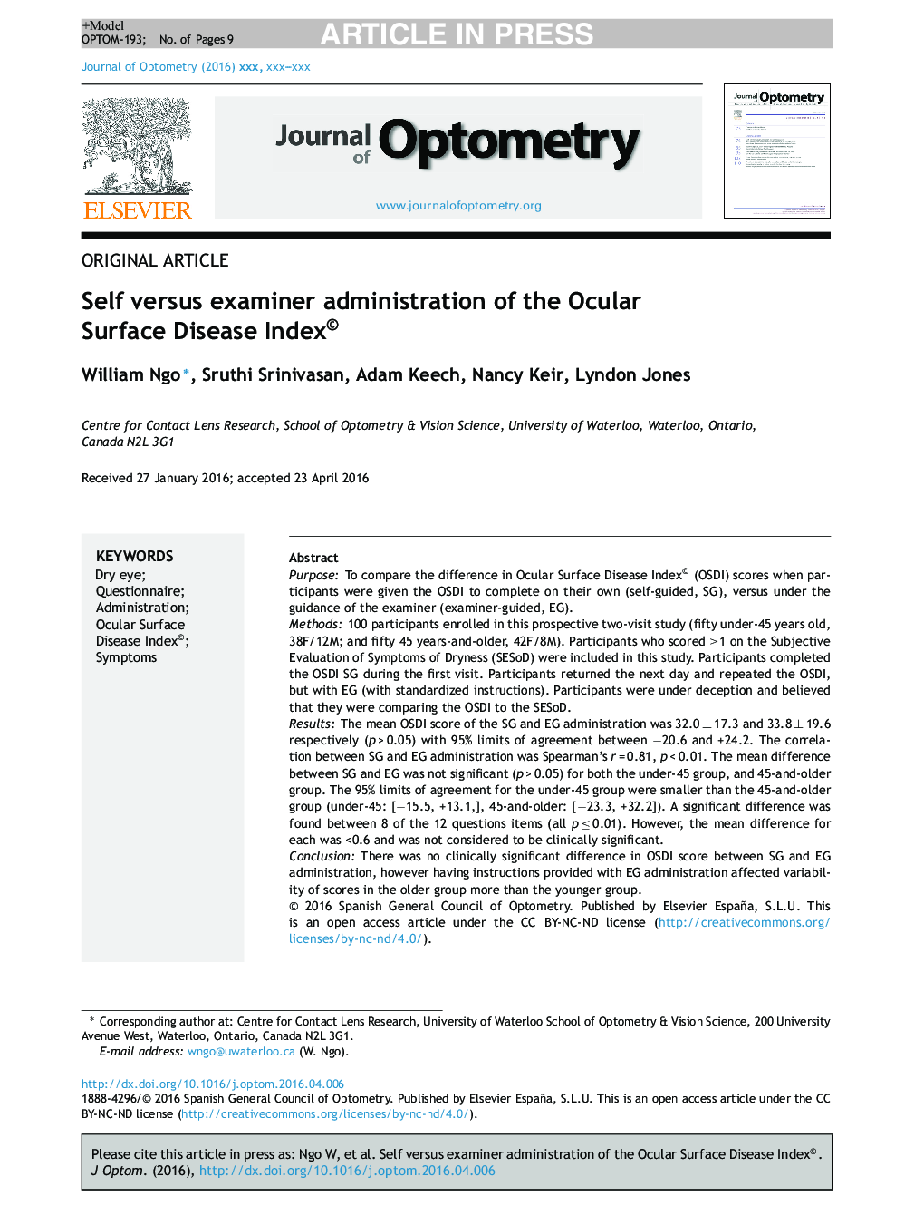 Self versus examiner administration of the Ocular Surface Disease Index©