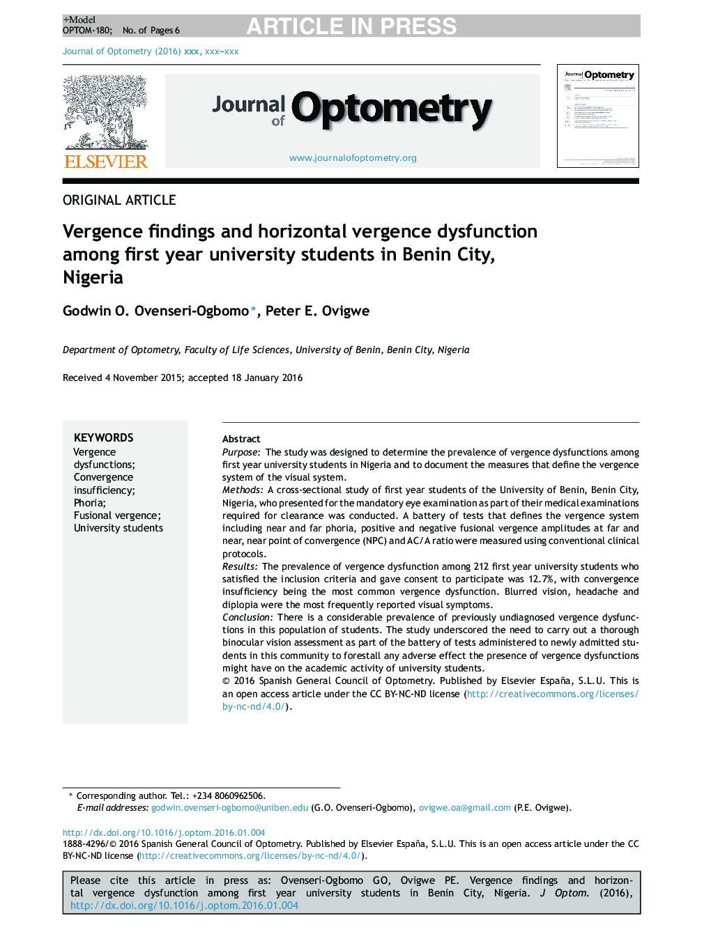Vergence findings and horizontal vergence dysfunction among first year university students in Benin City, Nigeria