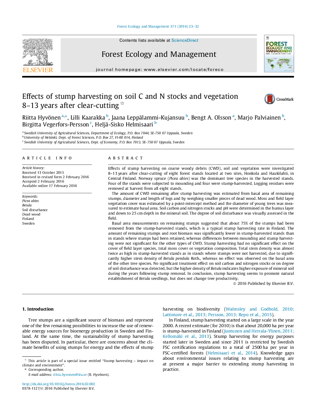 Effects of stump harvesting on soil C and N stocks and vegetation 8–13 years after clear-cutting 