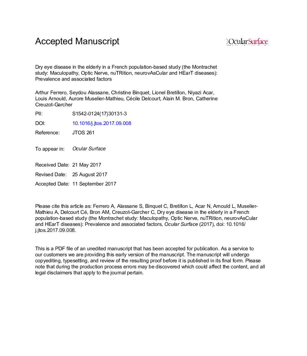 Dry eye disease in the elderly in a French population-based study (the Montrachet study: Maculopathy, Optic Nerve, nuTRition, neurovAsCular and HEarT diseases): Prevalence and associated factors