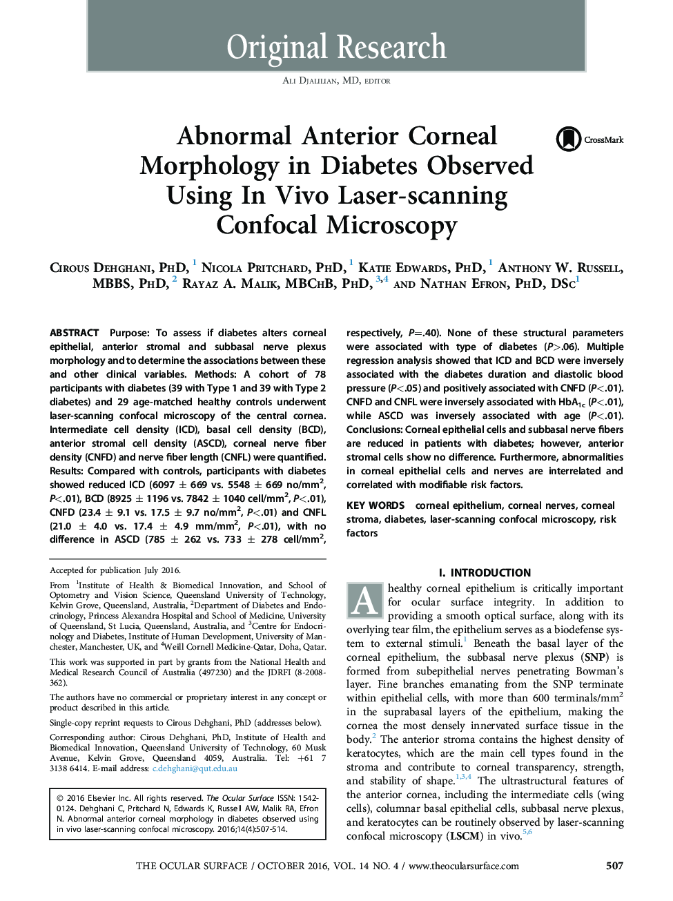 Abnormal Anterior Corneal Morphology in Diabetes Observed Using InÂ Vivo Laser-scanning Confocal Microscopy