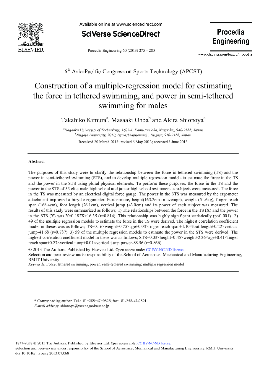 عکس صفحه اول مقاله: Construction of a Multiple-regression Model for Estimating the Force in Tethered Swimming, and Power in Semi-tethered Swimming for Males Construction of a Multiple-regression Model for Estimating the Force in Tethered Swimming, and Power in Semi-tethered Swimming for Males