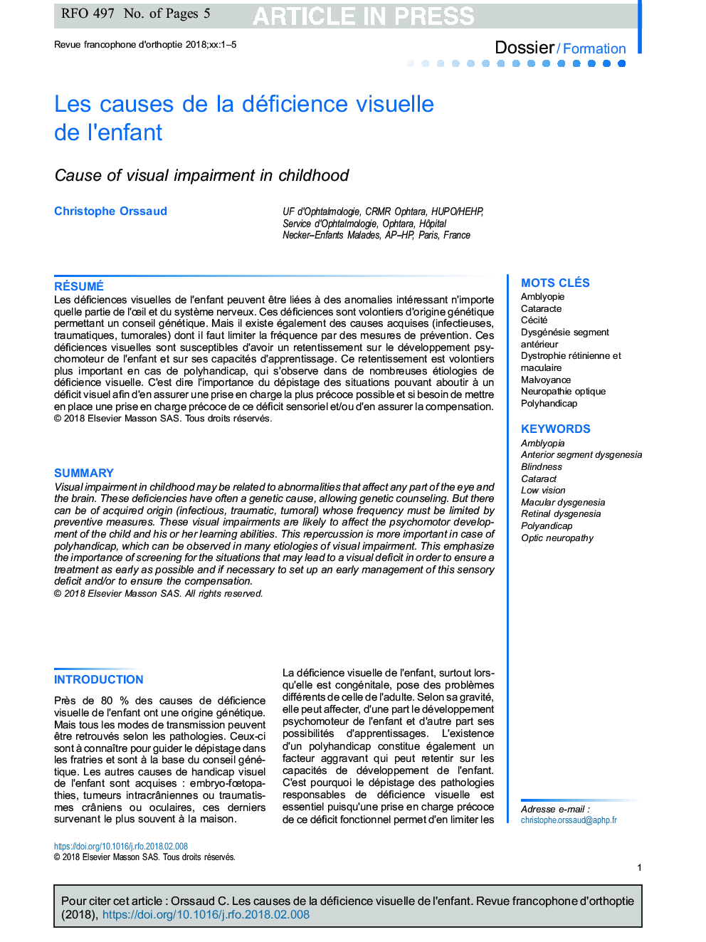 Les causes de la déficience visuelle de l'enfant