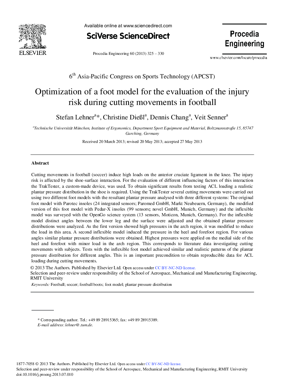 عکس صفحه اول مقاله: Optimization of a Foot Model for the Evaluation of the Injury Risk during Cutting Movements in Football Optimization of a Foot Model for the Evaluation of the Injury Risk during Cutting Movements in Football