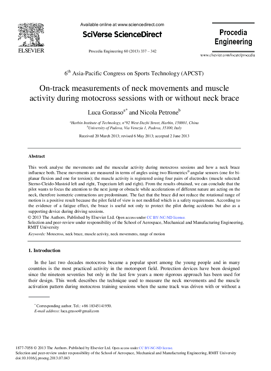 عکس صفحه اول مقاله: On-track Measurements of Neck Movements and Muscle Activity during Motocross Sessions with or without Neck Brace On-track Measurements of Neck Movements and Muscle Activity during Motocross Sessions with or without Neck Brace