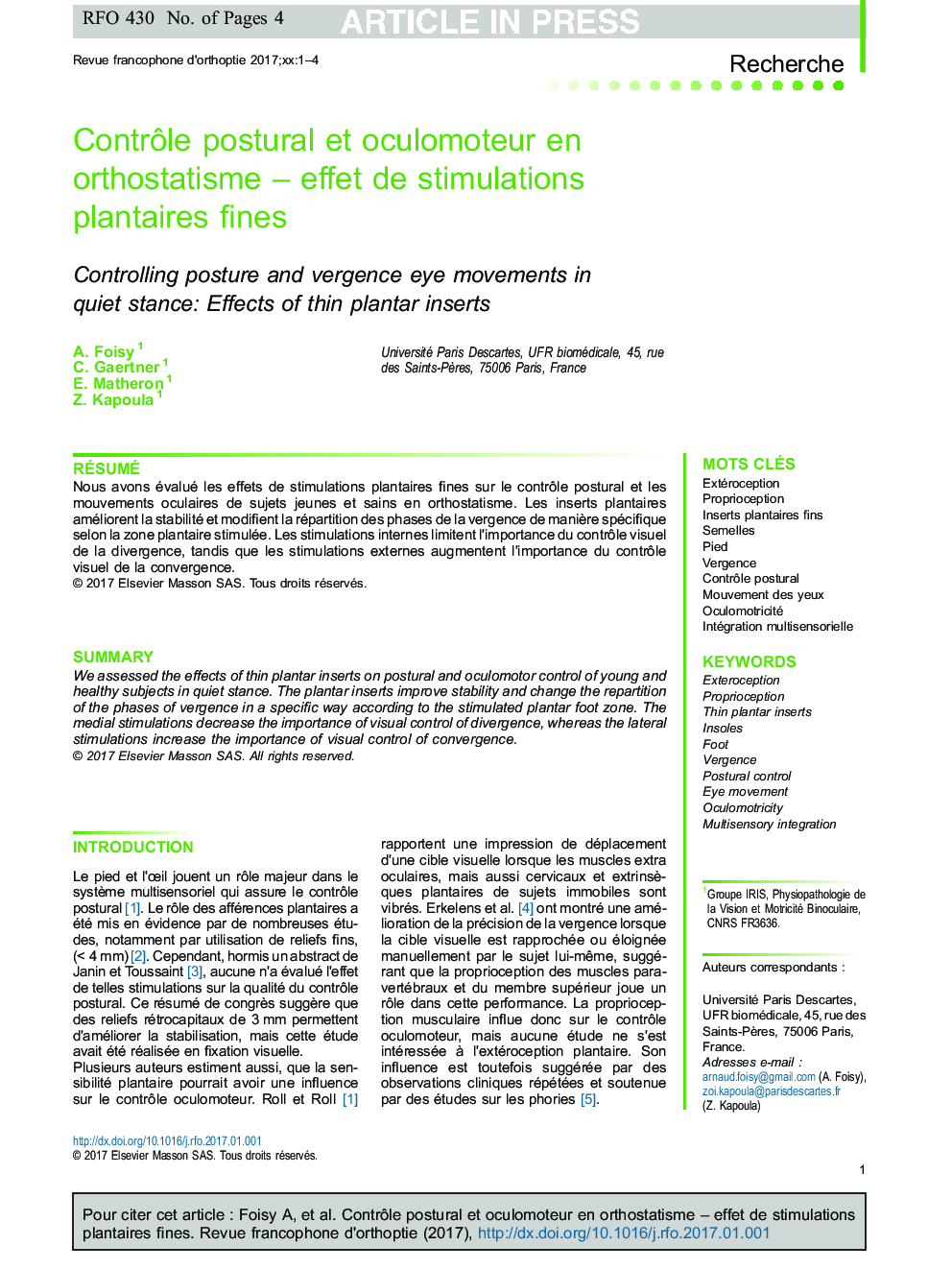 ContrÃ´le postural et oculomoteur en orthostatisme -Â effet de stimulations plantaires fines
