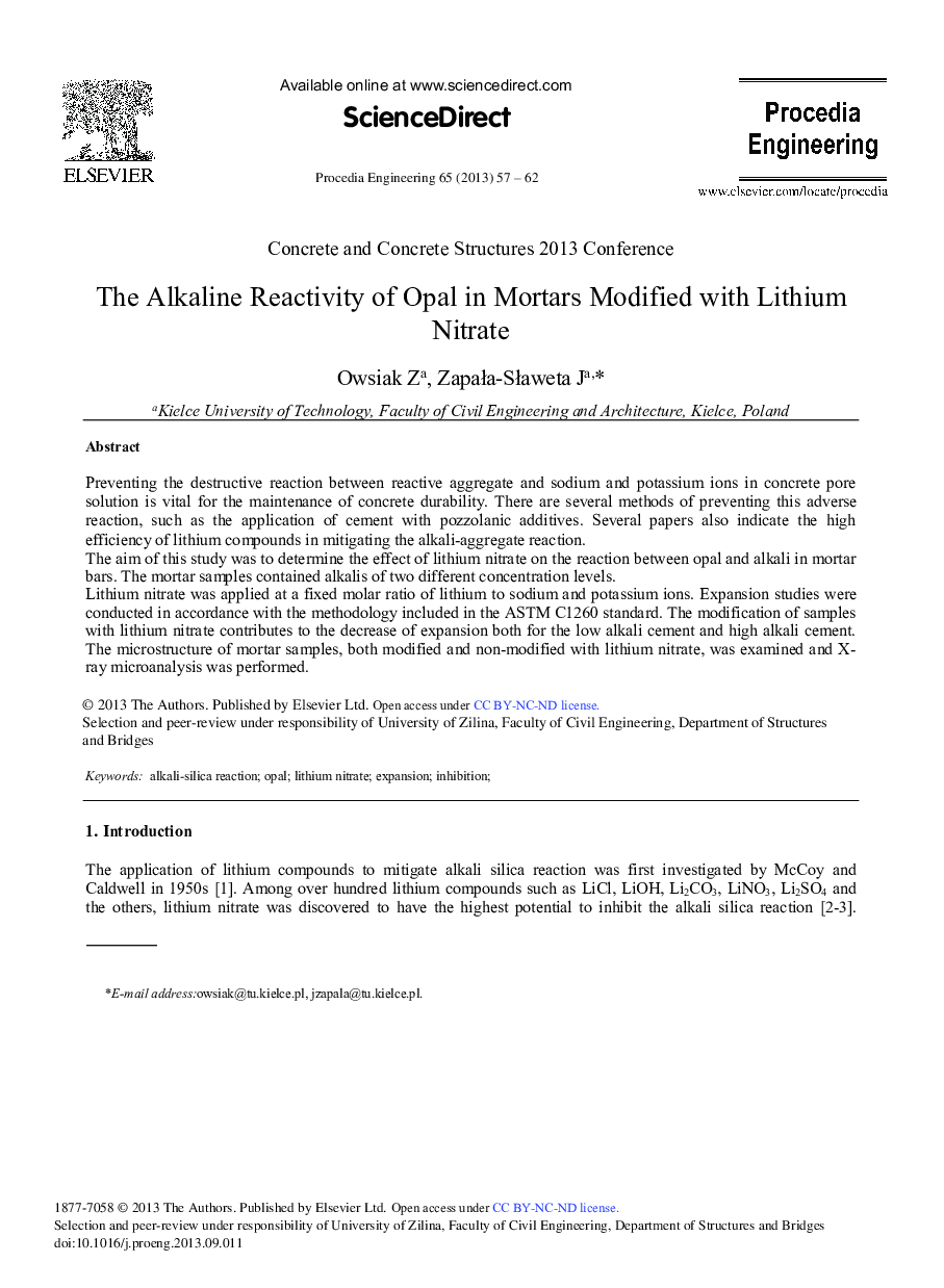 The Alkaline Reactivity of Opal in Mortars Modified with Lithium Nitrate 