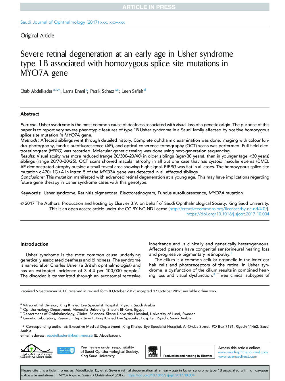 Severe retinal degeneration at an early age in Usher syndrome type 1B associated with homozygous splice site mutations in MYO7A gene