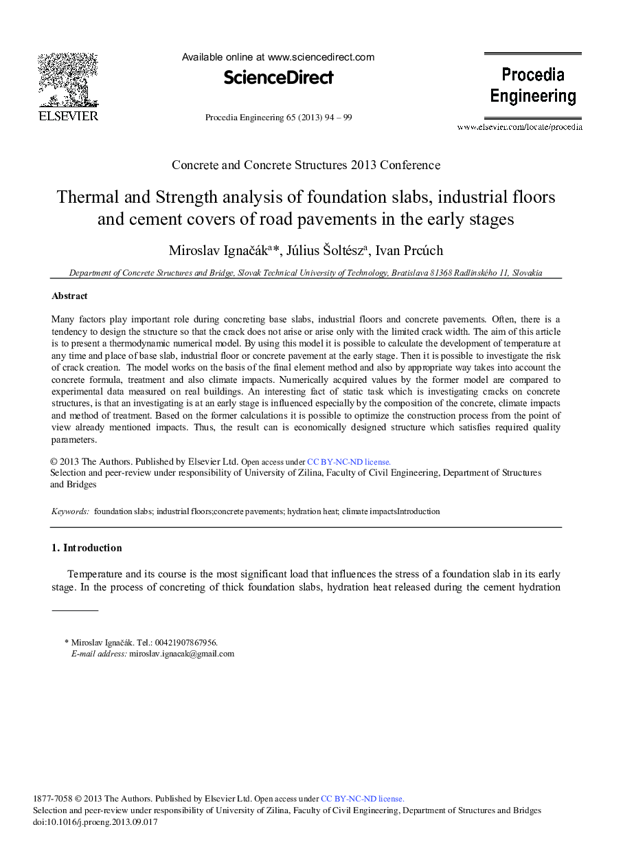 Thermal and Strength Analysis of Foundation Slabs, Industrial Floors and Cement Covers of Road Pavements in the Early Stages 