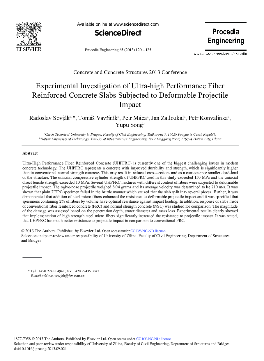 Experimental Investigation of Ultra-high Performance Fiber Reinforced Concrete Slabs Subjected to Deformable Projectile Impact 