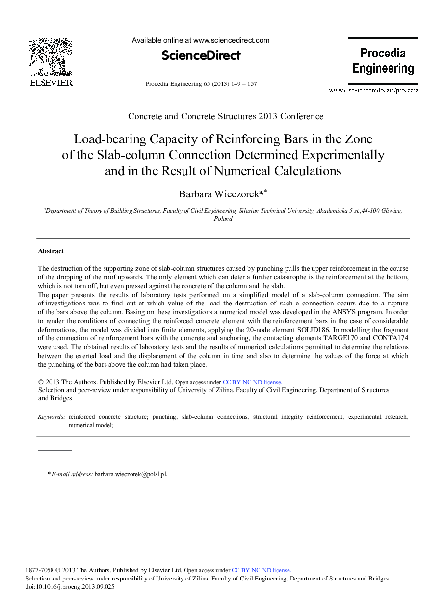 Load-bearing Capacity of Reinforcing Bars in the Zone of the Slab-column Connection Determined Experimentally and in the Result of Numerical Calculations 