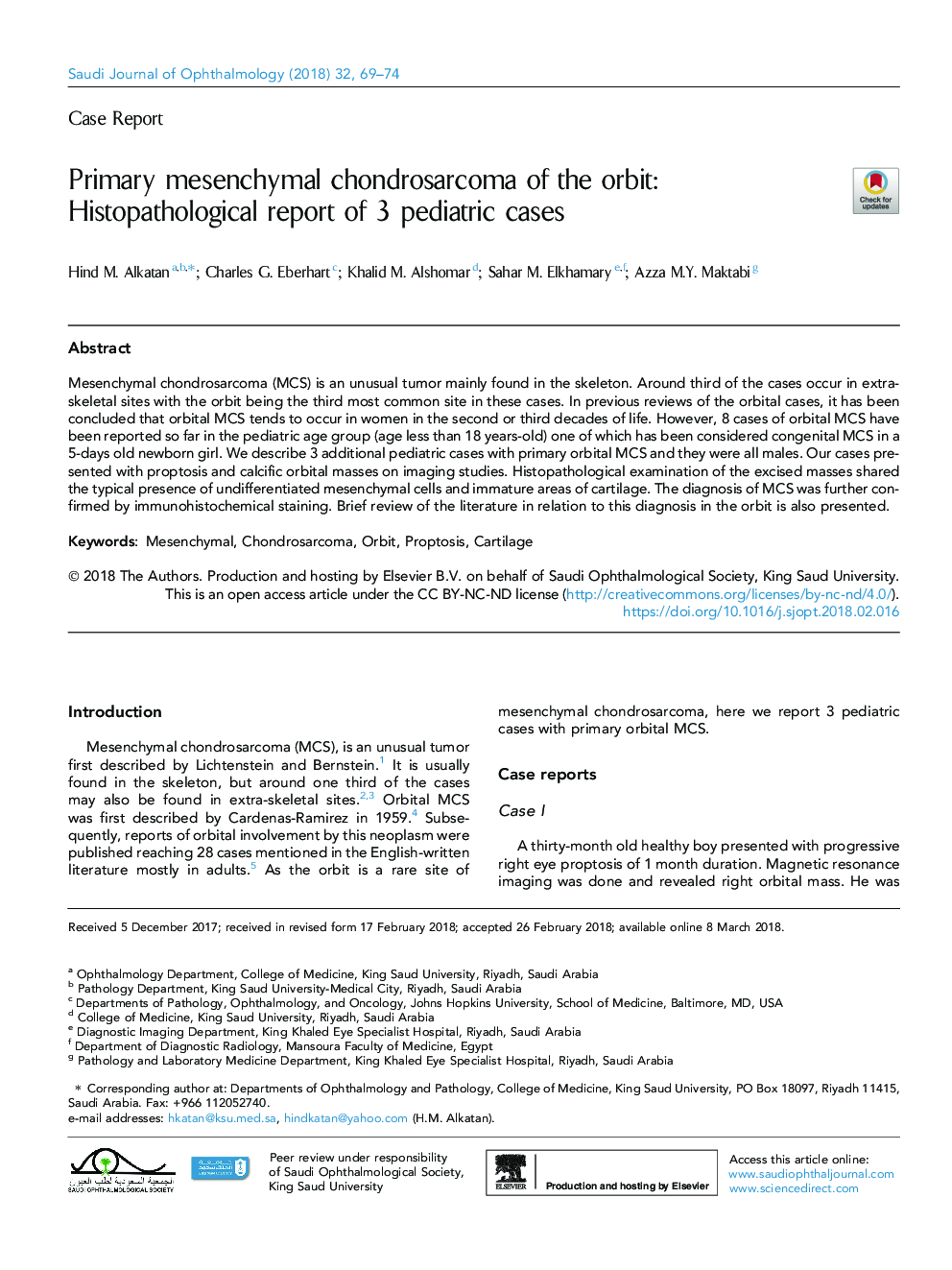 Primary mesenchymal chondrosarcoma of the orbit: Histopathological report of 3 pediatric cases