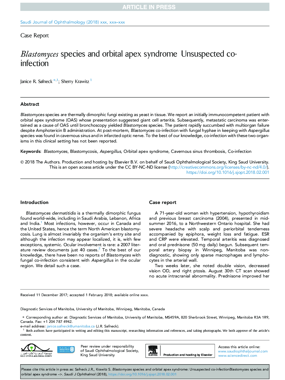 Blastomyces species and orbital apex syndrome: Unsuspected co-infection