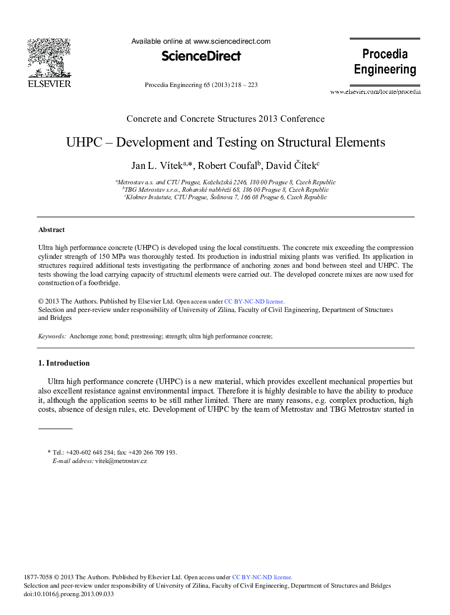 UHPC – Development and Testing on Structural Elements 