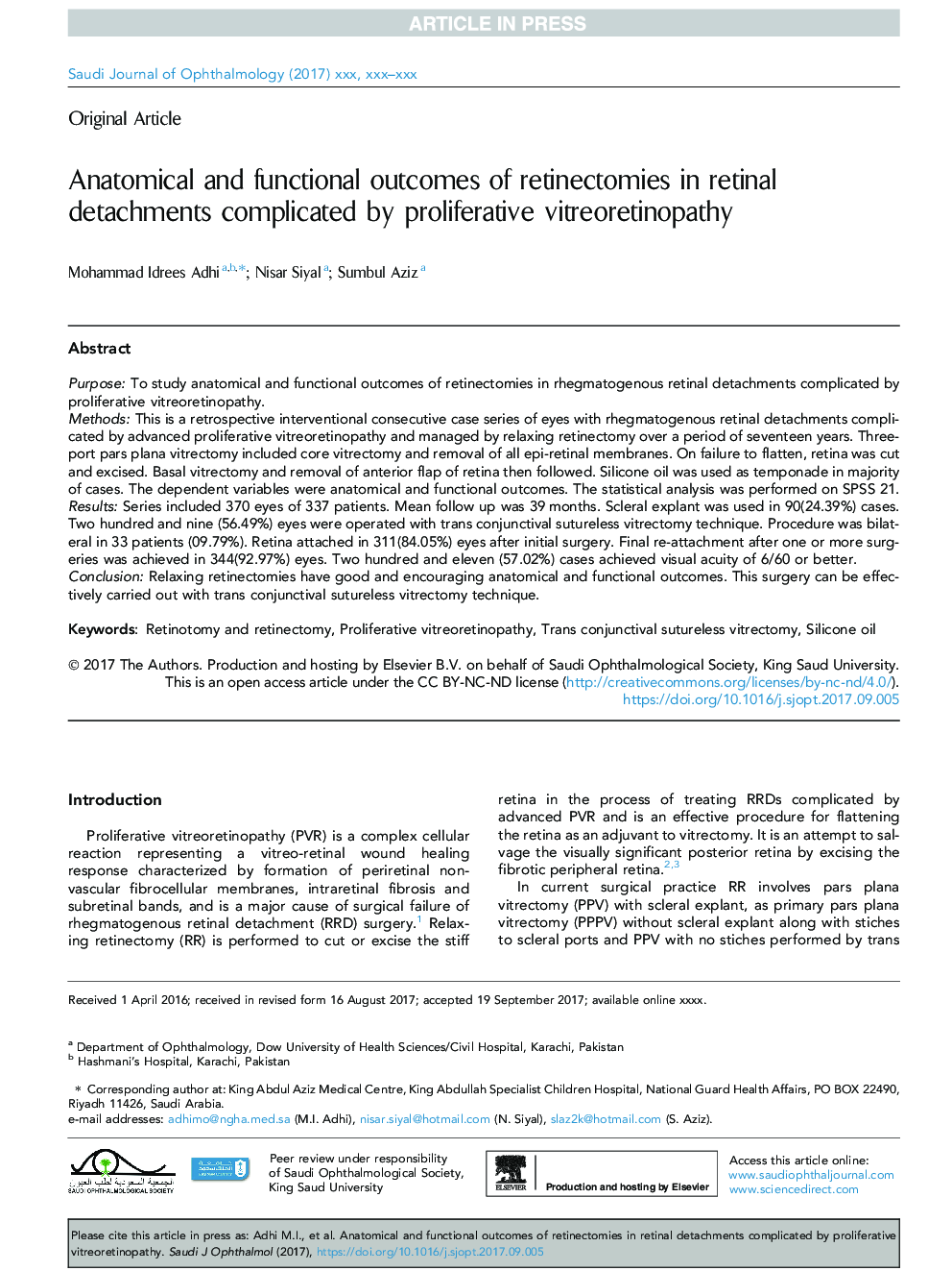 Anatomical and functional outcomes of retinectomies in retinal detachments complicated by proliferative vitreoretinopathy