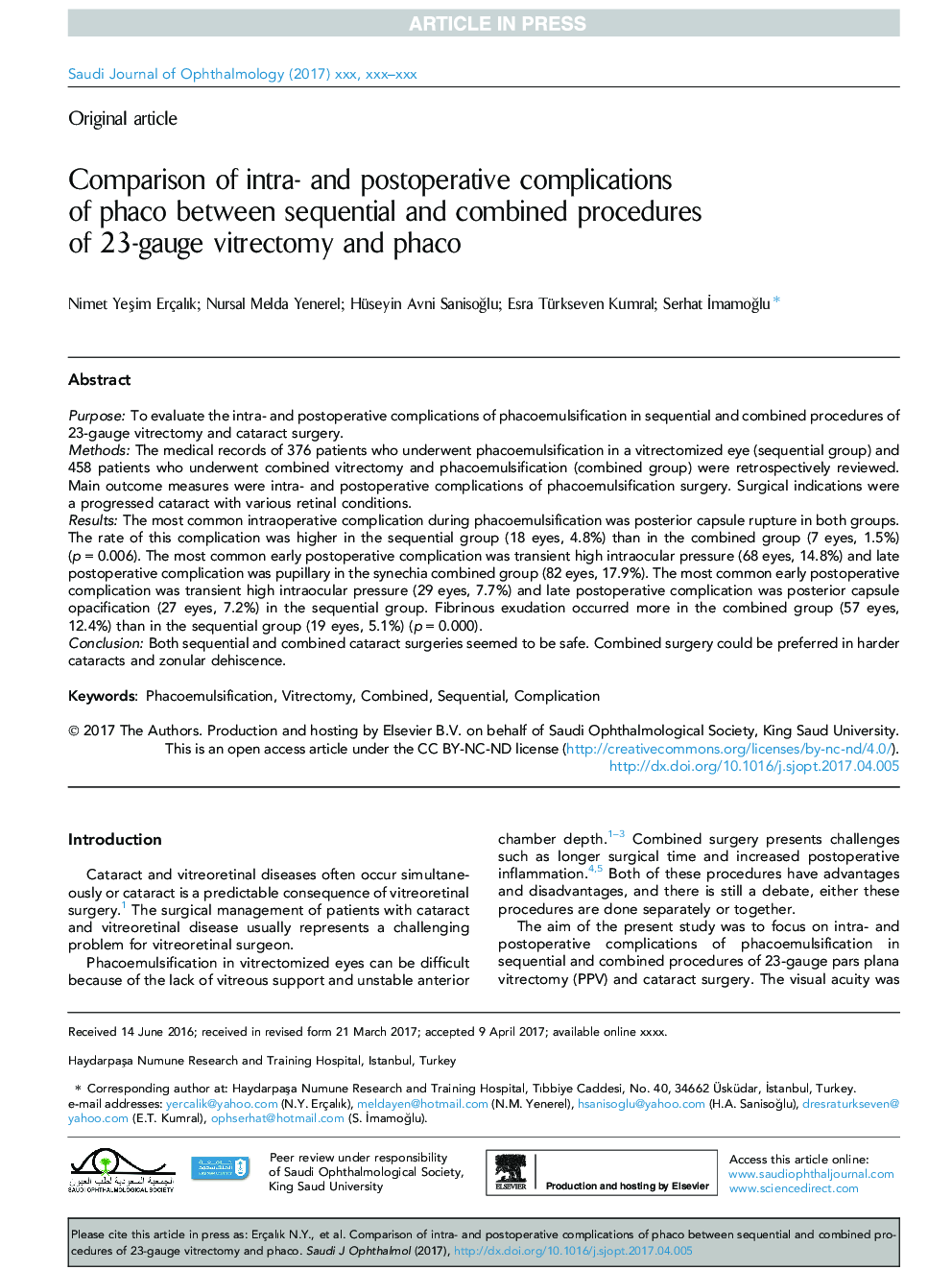 Comparison of intra- and postoperative complications of phaco between sequential and combined procedures of 23-gauge vitrectomy and phaco