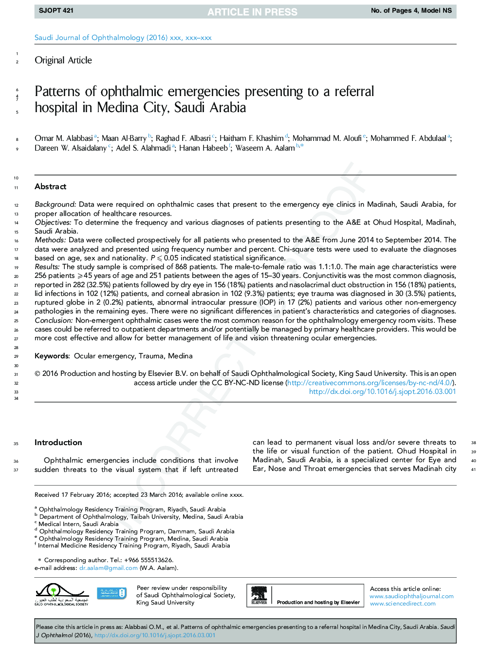 Patterns of ophthalmic emergencies presenting to a referral hospital in Medina City, Saudi Arabia