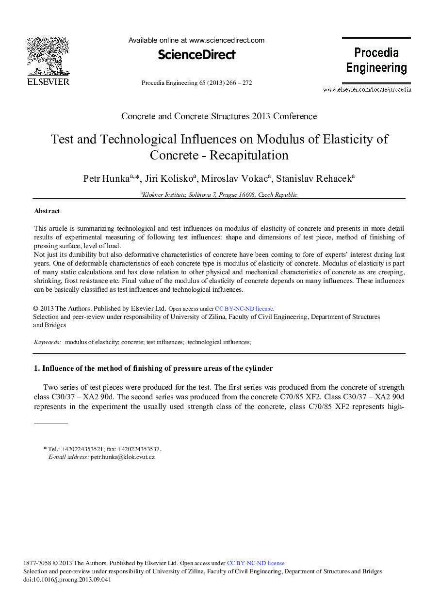 Test and Technological Influences on Modulus of Elasticity of Concrete - Recapitulation 