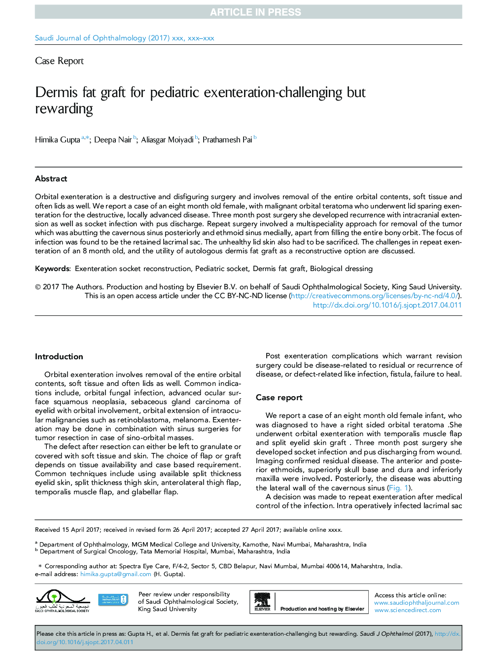 Dermis fat graft for pediatric exenteration-challenging but rewarding