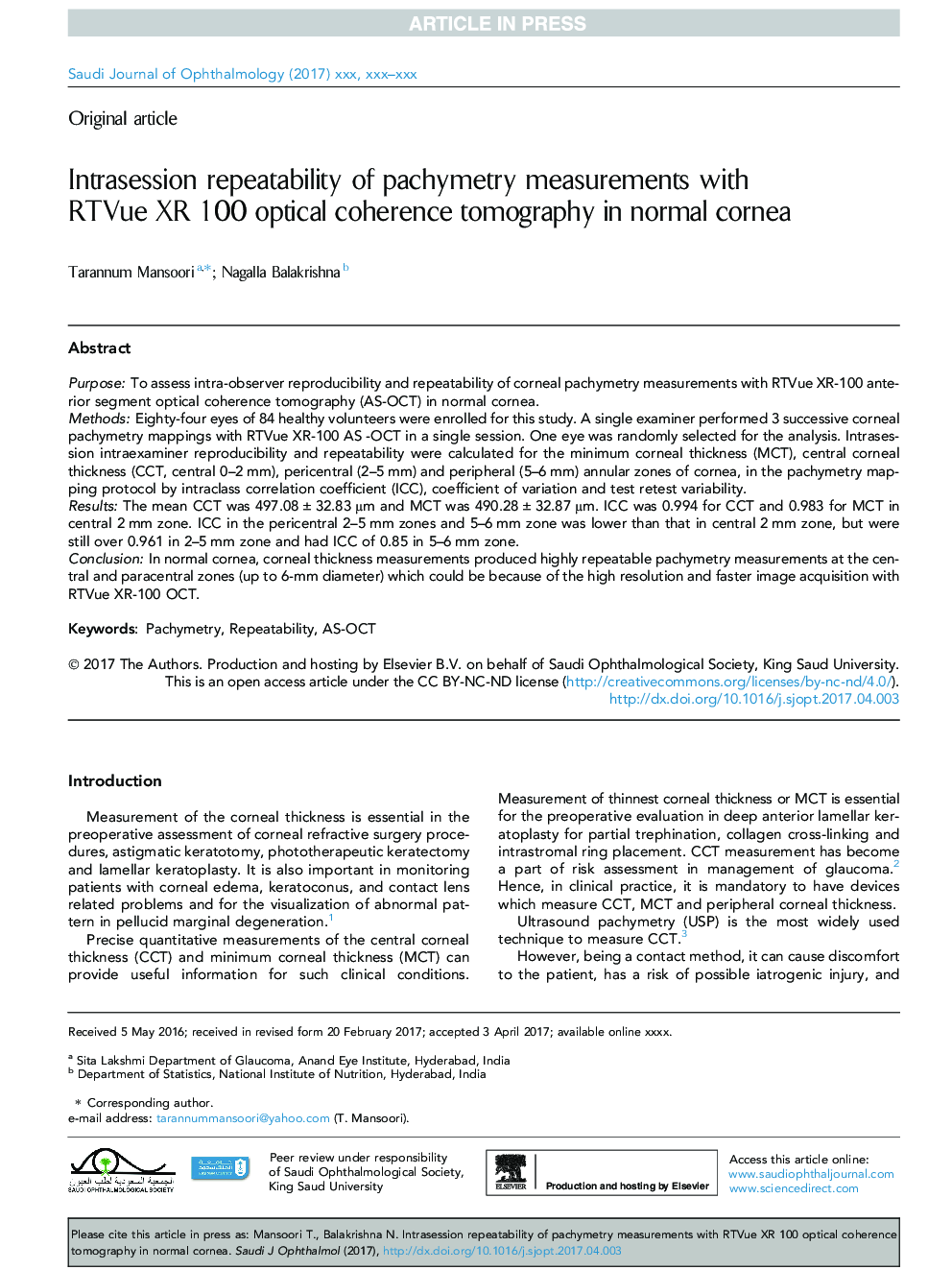 Intrasession repeatability of pachymetry measurements with RTVue XR 100 optical coherence tomography in normal cornea