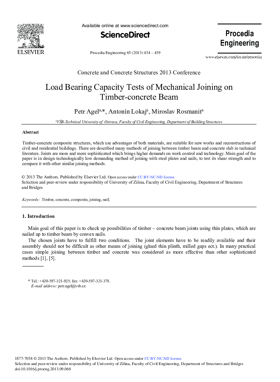 Load Bearing Capacity Tests of Mechanical Joining on Timber-concrete Beam 