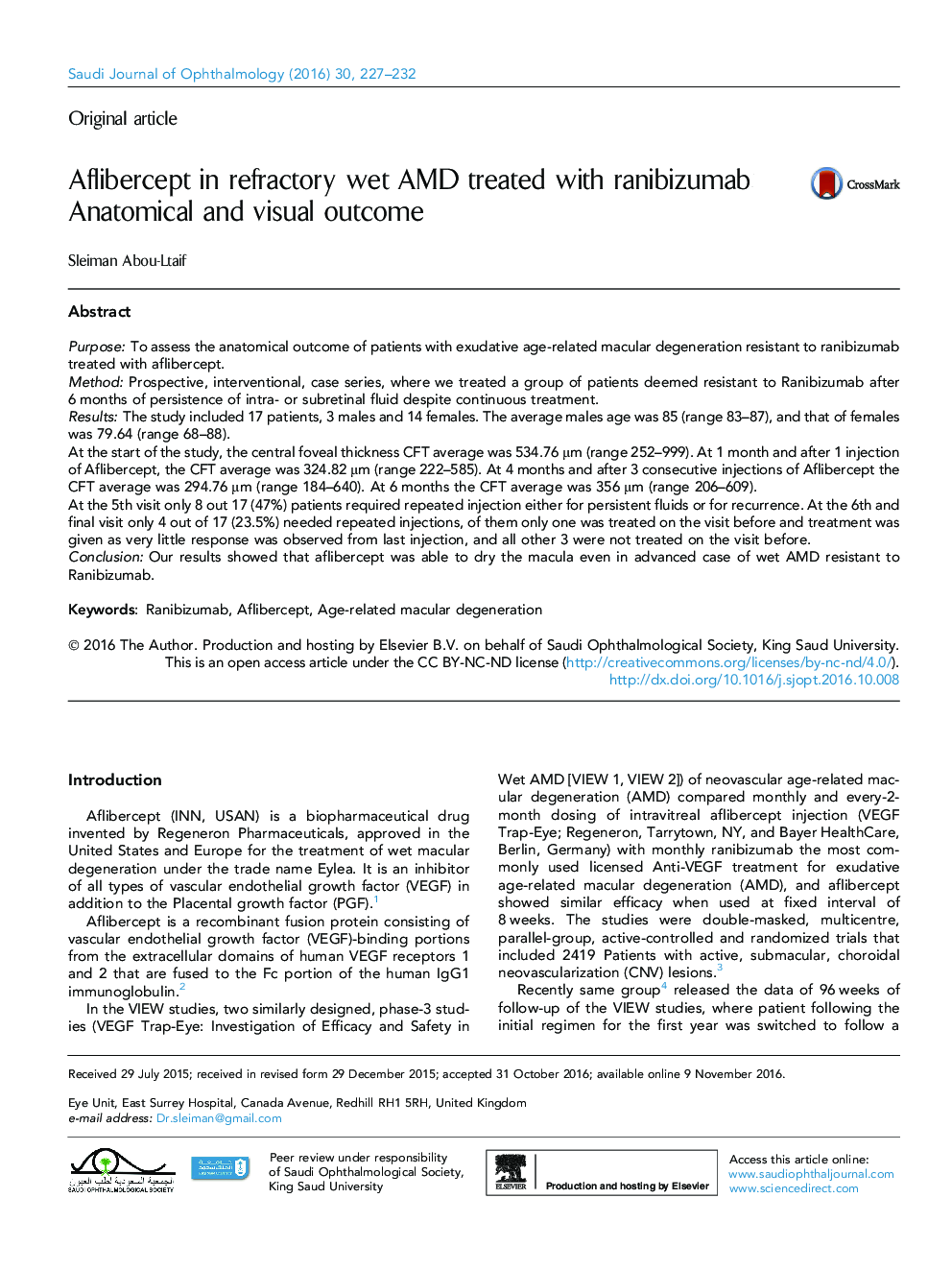 Aflibercept in refractory wet AMD treated with ranibizumab: Anatomical and visual outcome