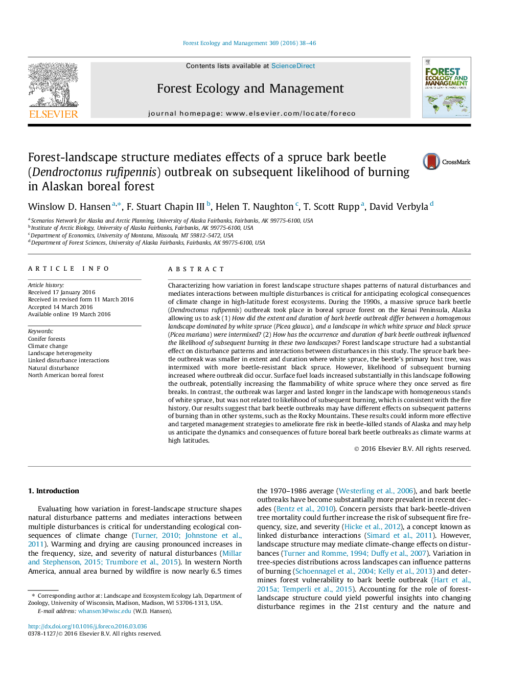عکس صفحه اول مقاله: Forest-landscape structure mediates effects of a spruce bark beetle (Dendroctonus rufipennis) outbreak on subsequent likelihood of burning in Alaskan boreal forest Forest-landscape structure mediates effects of a spruce bark beetle (Dendroctonus rufipennis) outbreak on subsequent likelihood of burning in Alaskan boreal forest