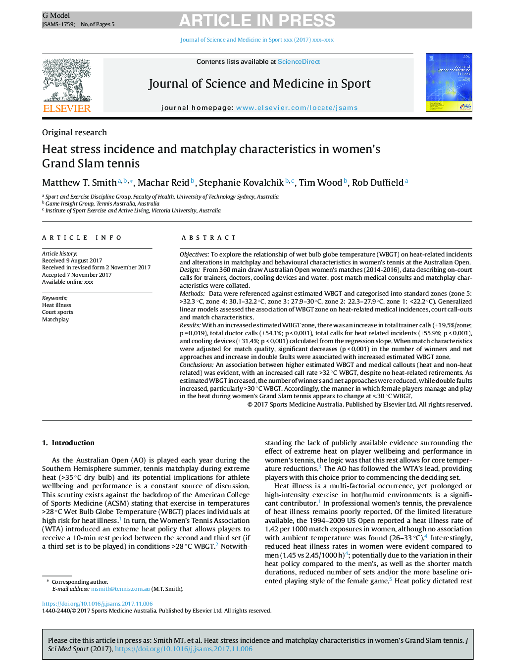 Heat stress incidence and matchplay characteristics in Women's Grand Slam Tennis