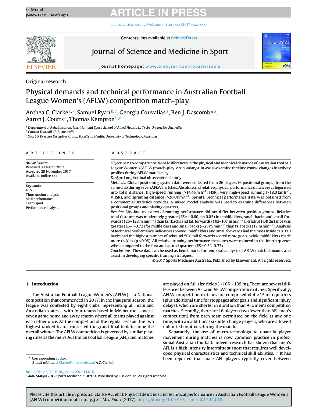 Physical demands and technical performance in Australian Football League Women's (AFLW) competition match-play