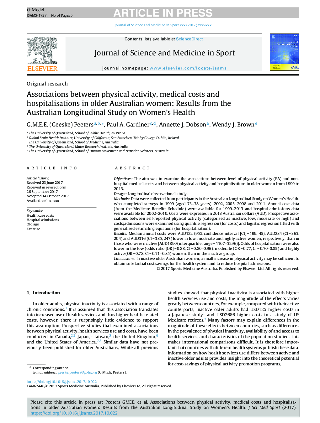 Associations between physical activity, medical costs and hospitalisations in older Australian women: Results from the Australian Longitudinal Study on Women's Health